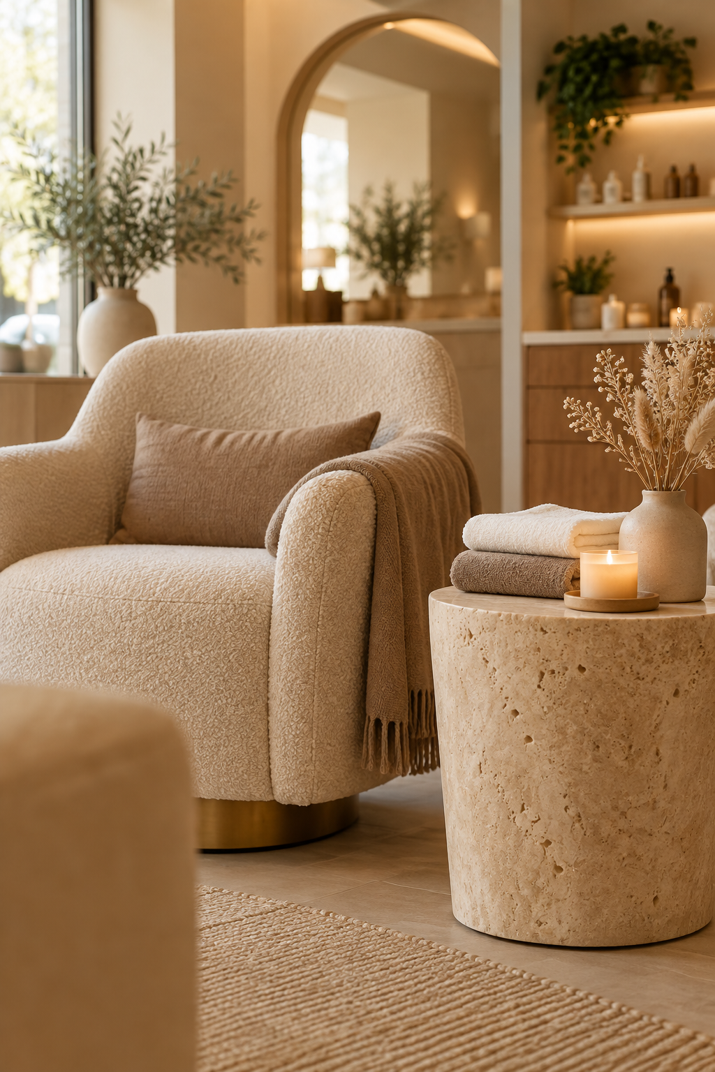 Rustige salonruimte in warme beige- en bruintinten