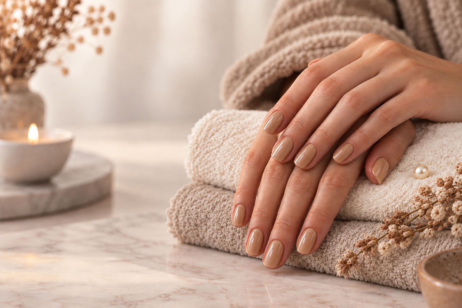 Natuurlijke nagels met een glanzende nude afwerking