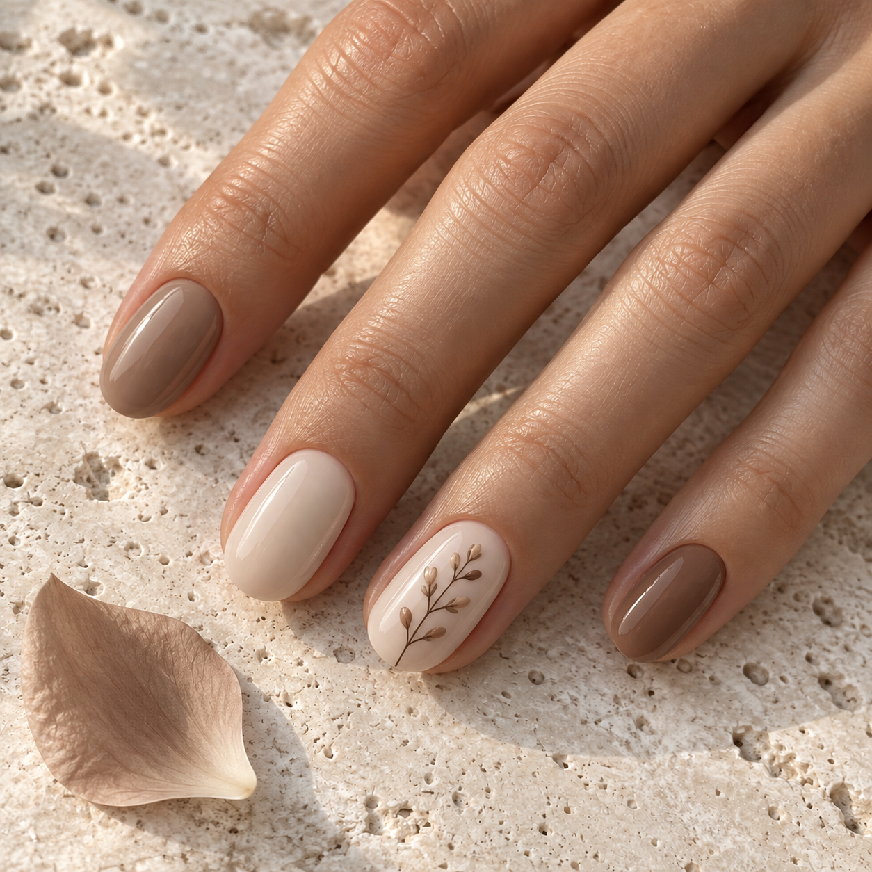 Verzorgde nagels in warme beige- en bruintinten